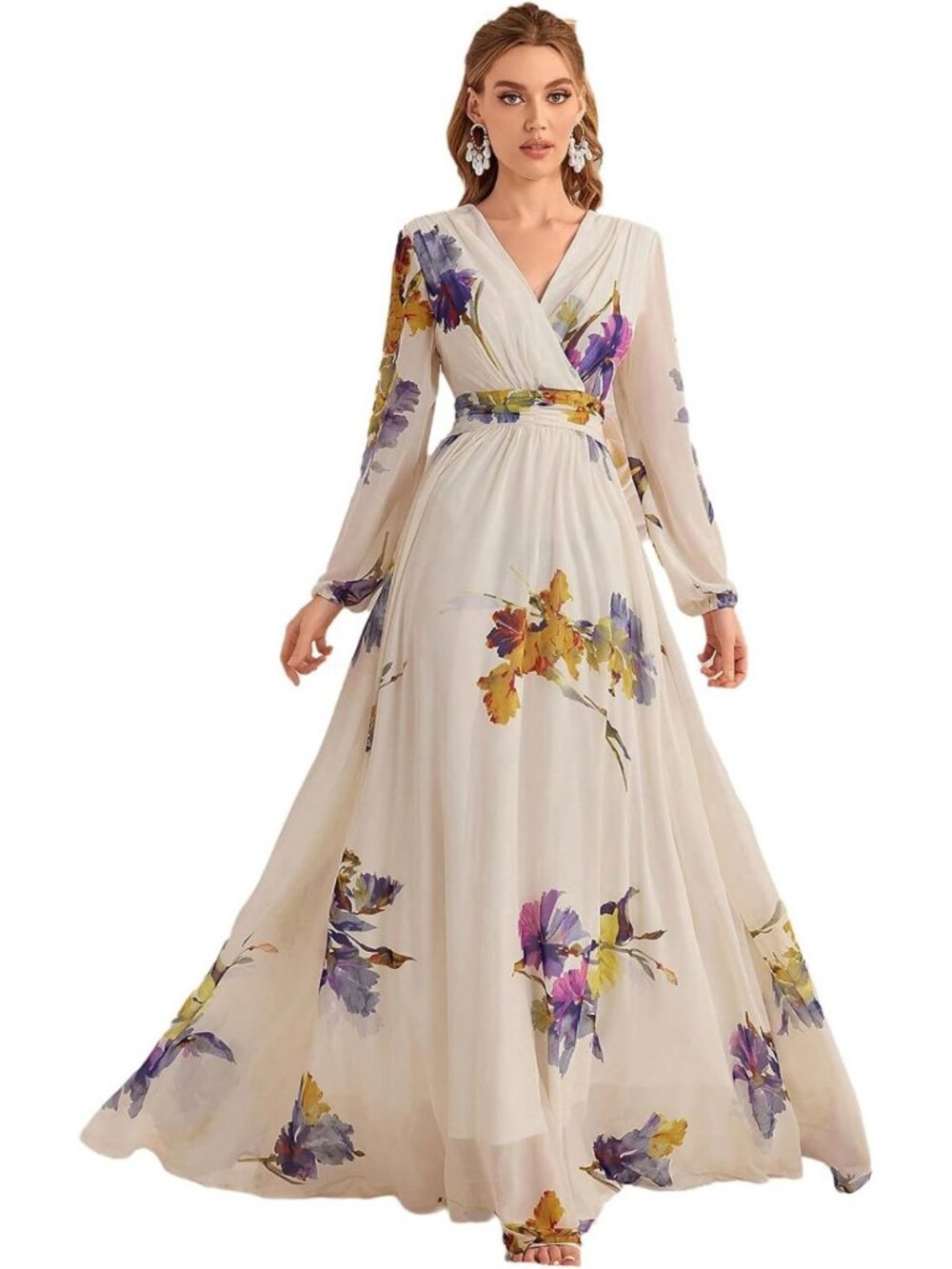 Floral Maxi Dress for Women - Elegant Long Sleeve Boho Cocktail Wedding Guest